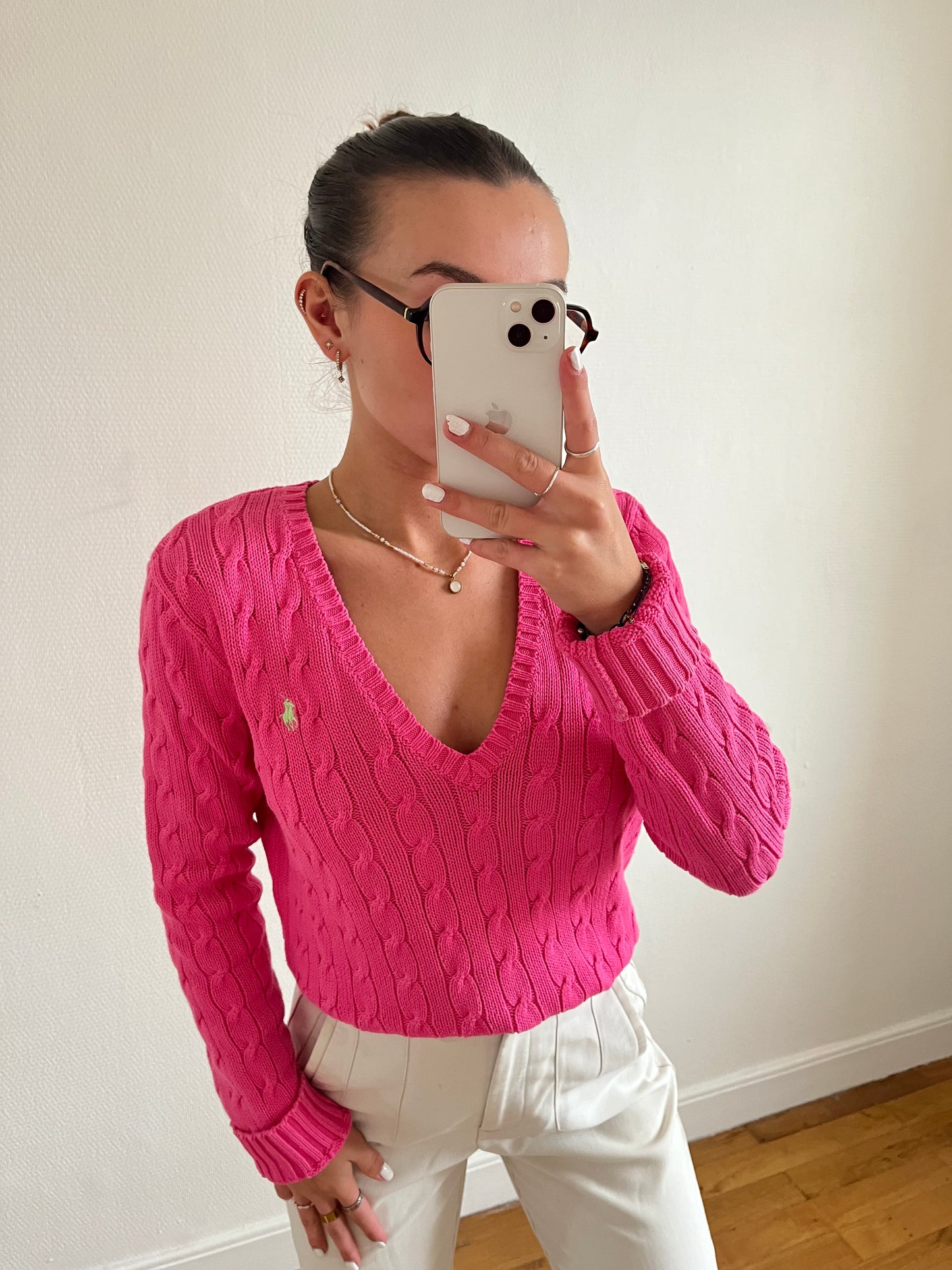 Pull col V torsadé rose - L