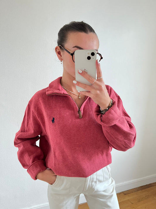 Pull demi-zip rouge corail - L homme / XL femme