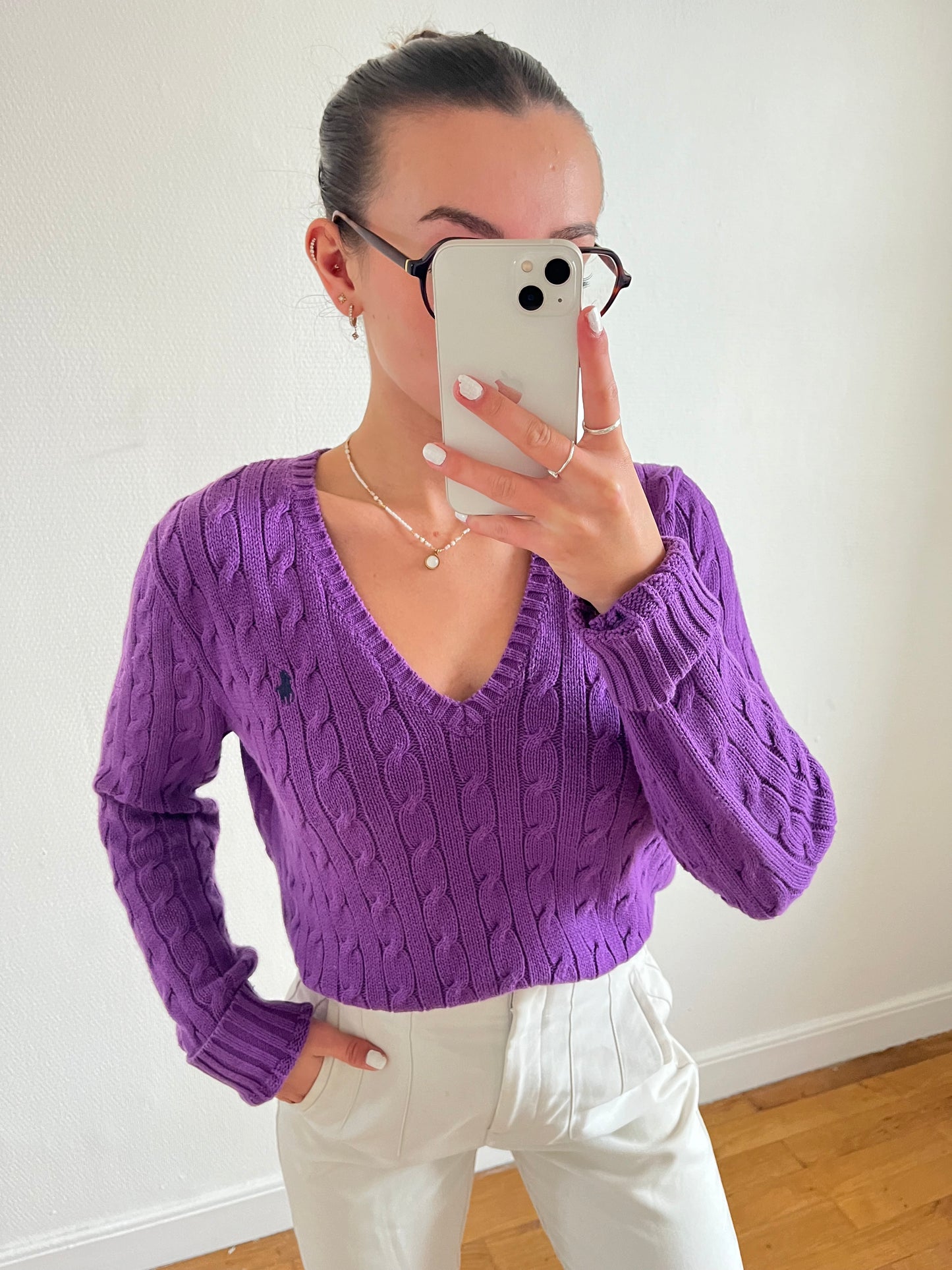 Pull torsadé col V mauve - L