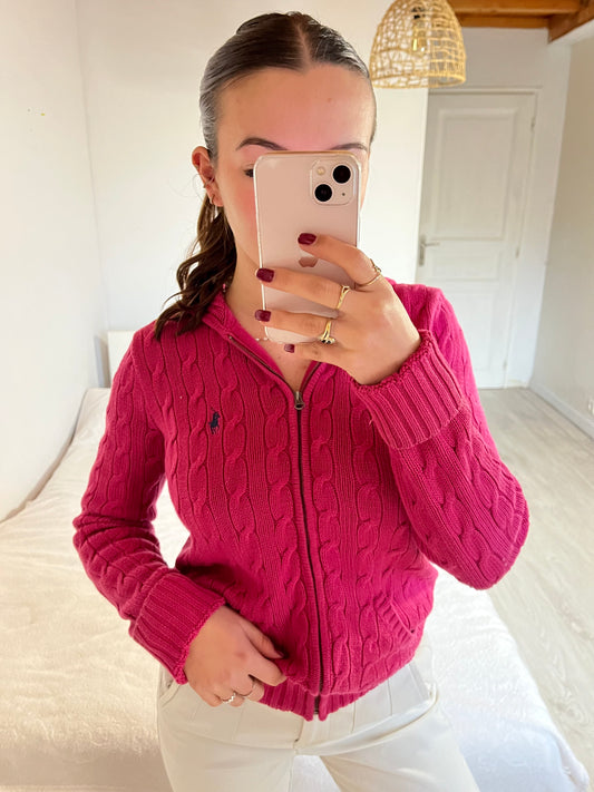 Gilet torsadé rose à capuche - S