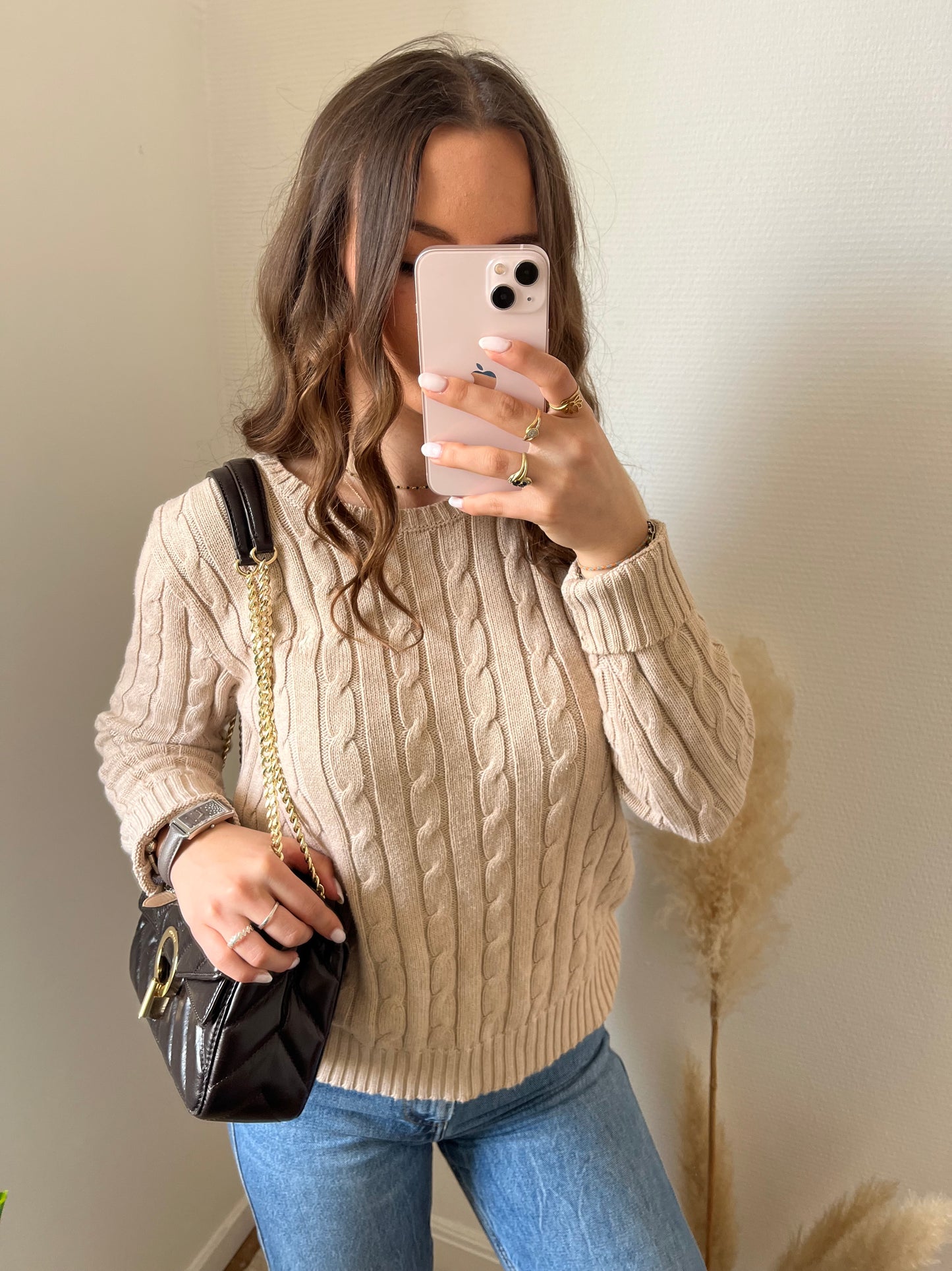 Pull torsadé col rond beige - M