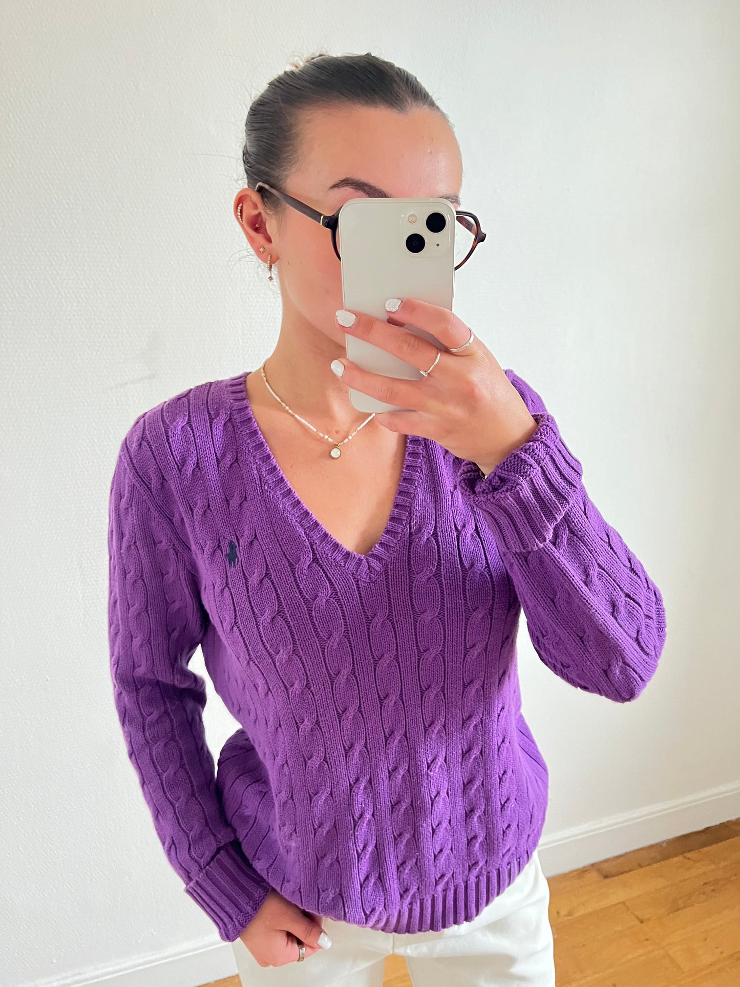 Pull torsadé col V mauve - L