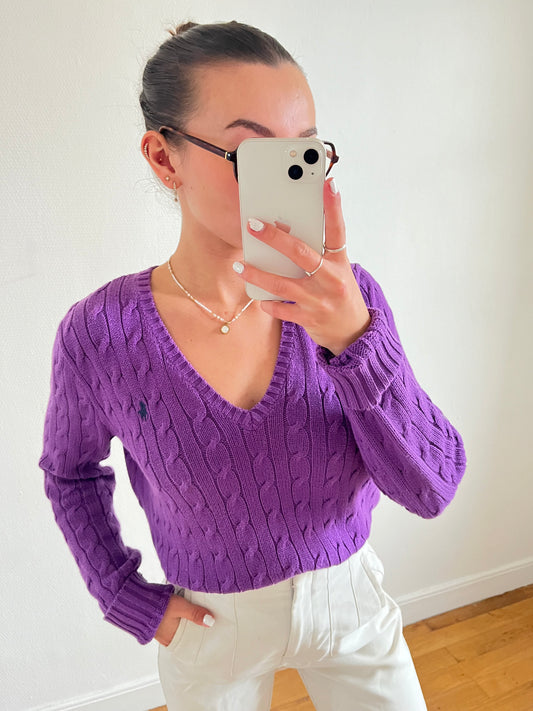 Pull torsadé col V mauve - L